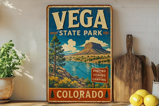 A vintage-style sign for Vega State Park in Colorado, featuring a scenic landscape with a mountain, lake, and pine trees.