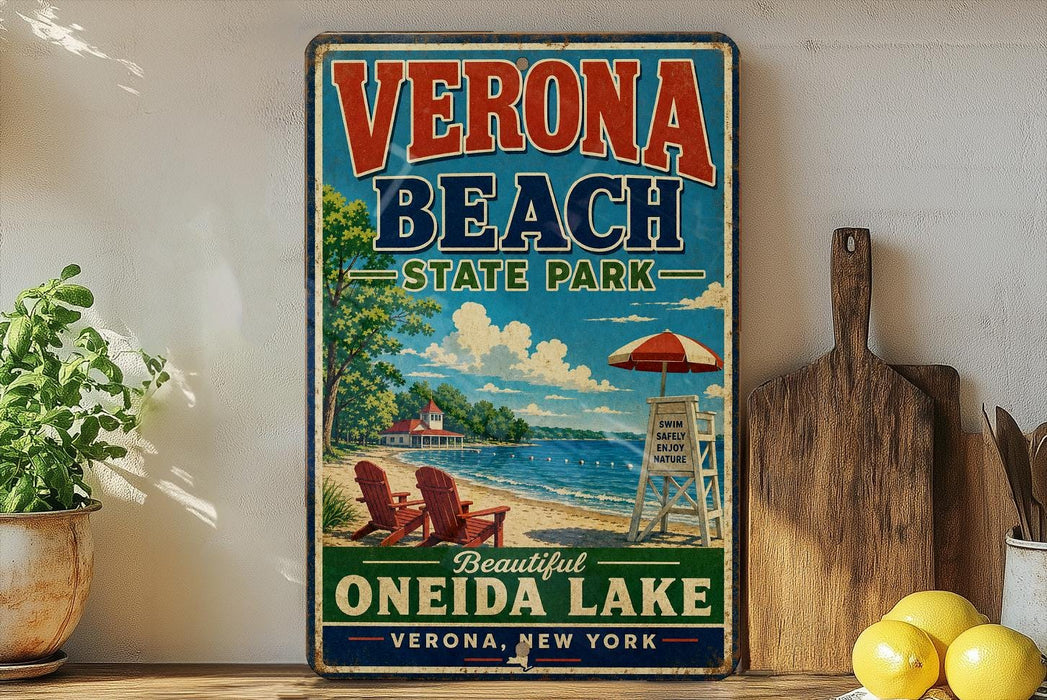 A vintage-style sign for Verona Beach State Park, featuring a beach scene with a lifeguard tower, chairs, and an umbrella.
