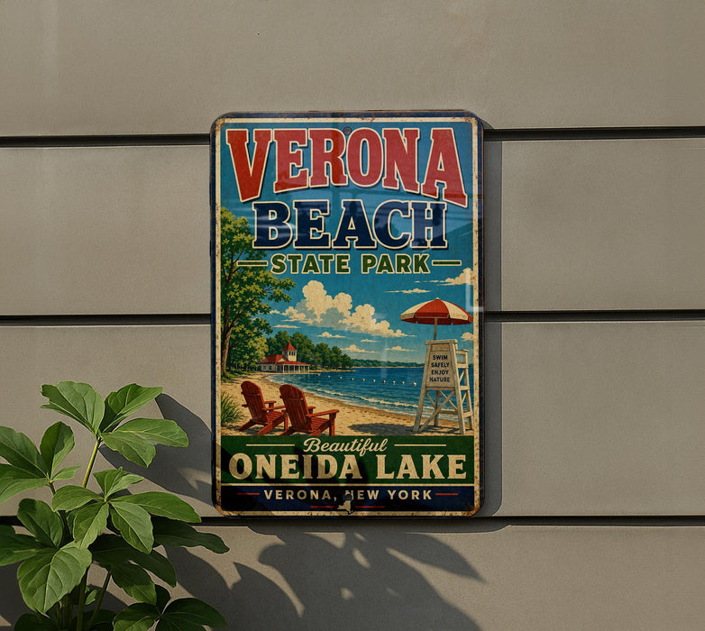 A vintage-style sign for Verona Beach State Park, featuring a beach scene with a lifeguard tower, chairs, and an umbrella.