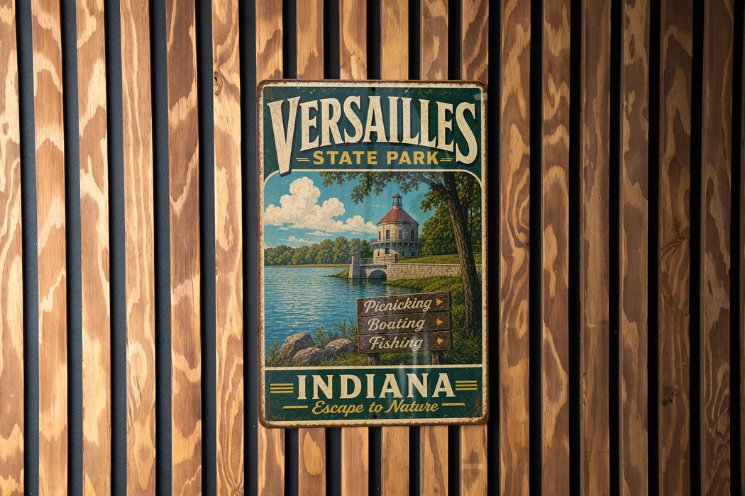 A vintage metal sign for Versailles State Park, featuring a scenic illustration of a lake, boats, and a lighthouse, is displayed on a wooden wall.