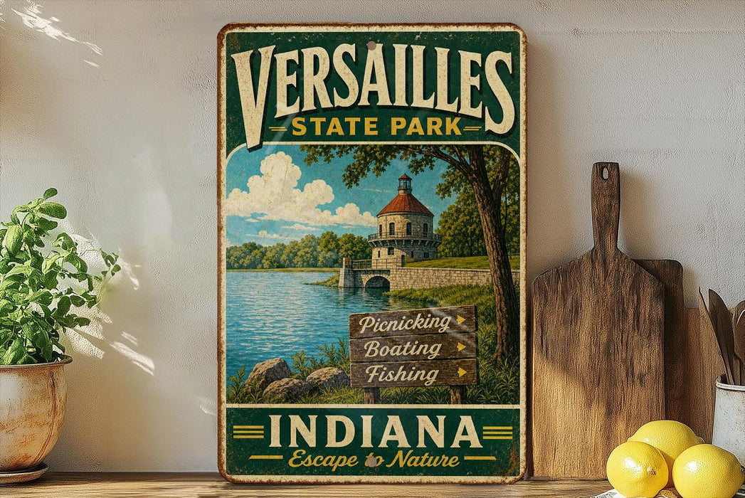 A vintage-style metal sign for Versailles State Park in Indiana, featuring a scenic image of a lake and a lighthouse.