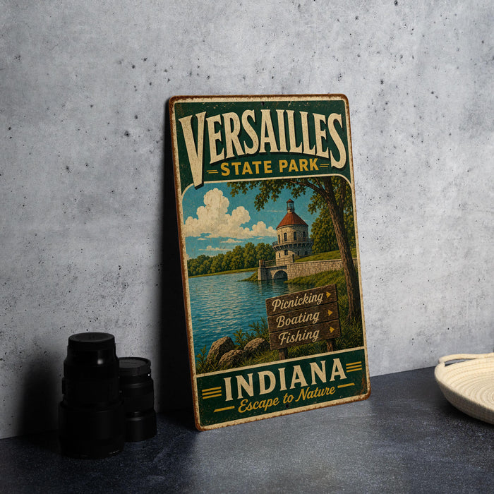 A vintage metal sign for Versailles State Park in Indiana, featuring a scenic illustration of the park and its surroundings.