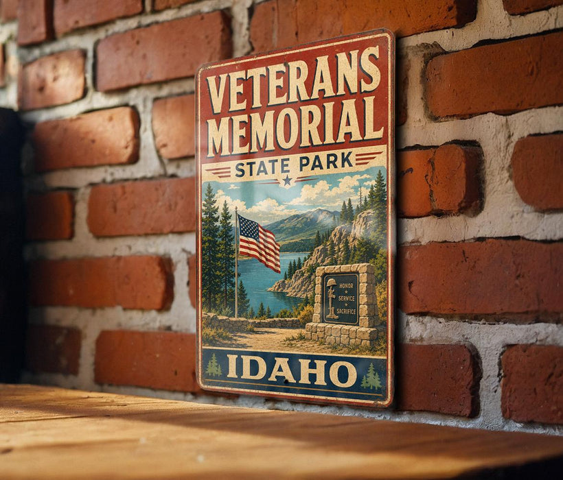 A vintage metal sign for the Veterans Memorial Park in Idaho, featuring an American flag and a scenic landscape.