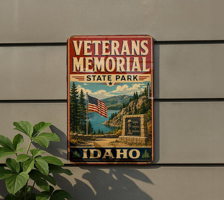 A vintage metal sign for the Veterans Memorial State Park in Idaho, featuring an American flag and a scenic landscape.