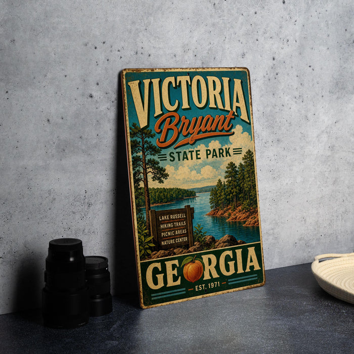 A vintage-style sign for Victoria, Georgia State Park, featuring a scenic landscape with a lake, pine trees, and mountains.