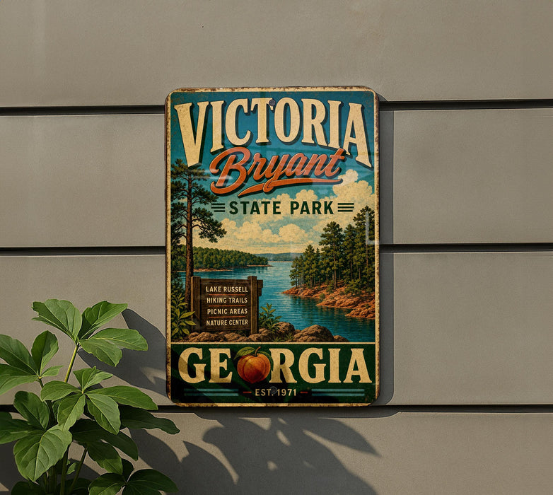 A vintage-style sign for Victoria Bryant State Park in Georgia, featuring a scenic landscape with a lake, mountains, and trees.