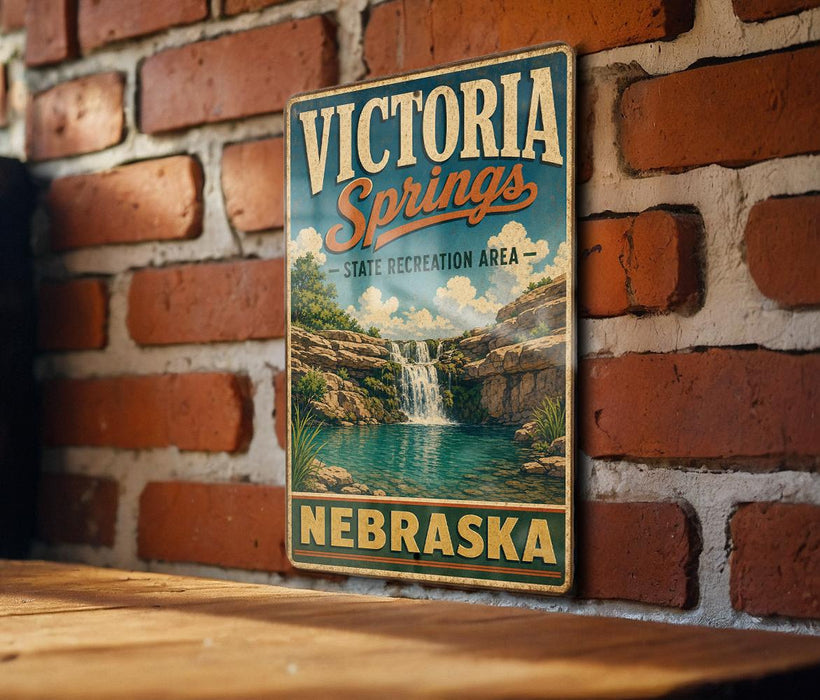 A vintage-style metal sign for Victoria Springs, a state recreation area in Nebraska, is displayed on a brick wall.