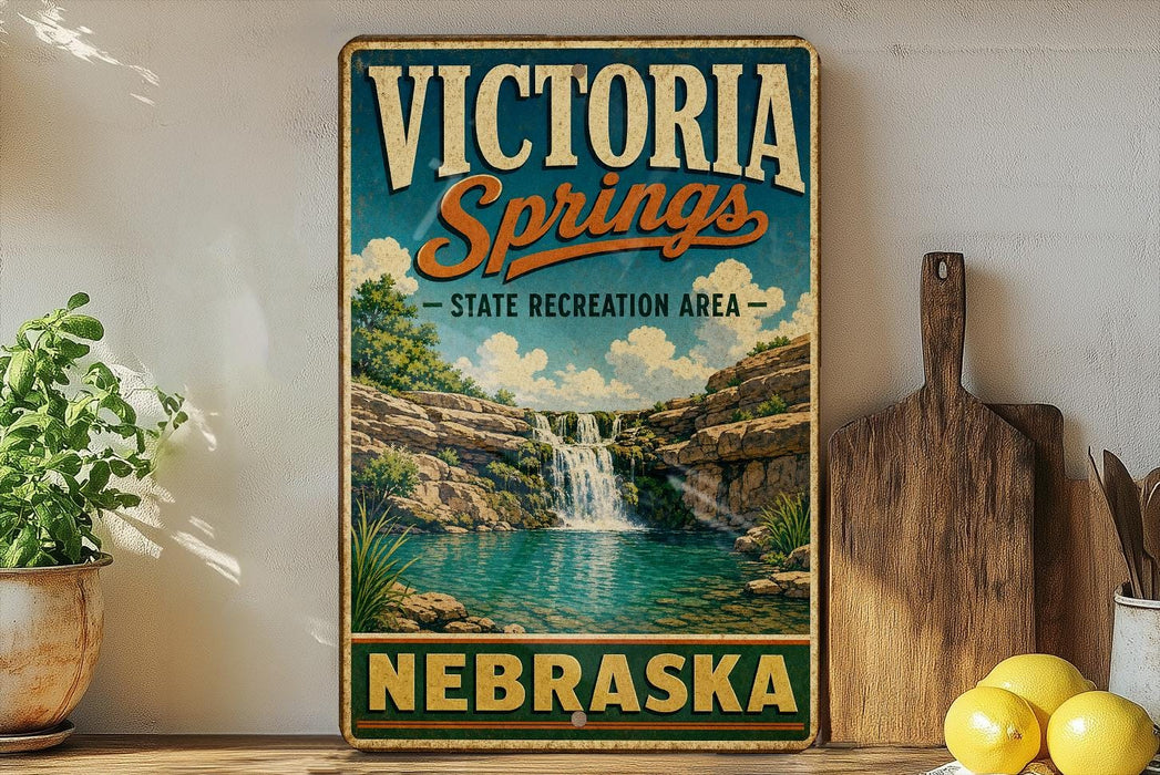 A vintage-style sign for Victoria Springs, a state recreation area in Nebraska, featuring a scenic image of a waterfall and lush greenery.
