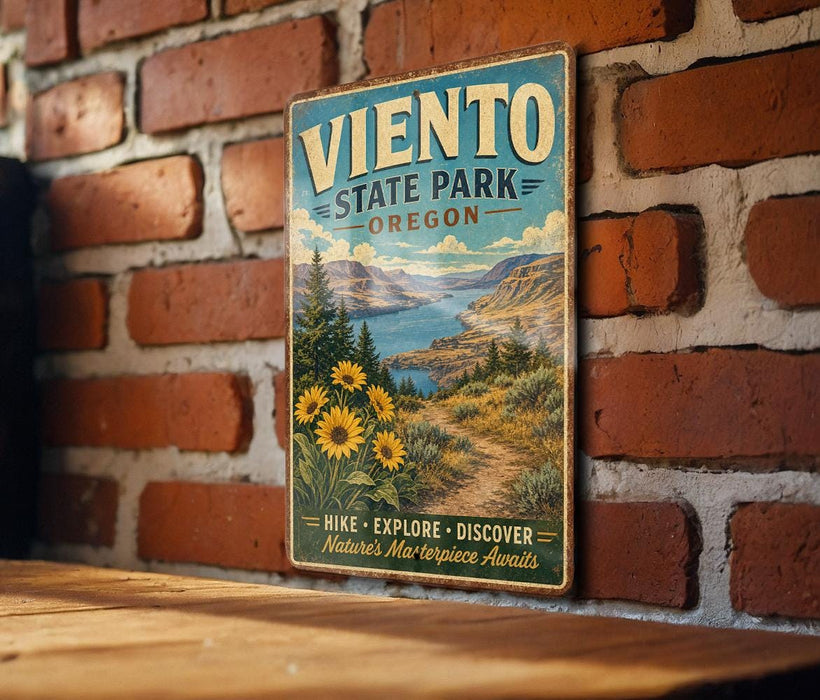 A vintage-style metal sign for Viento State Park in Oregon, featuring a scenic landscape with mountains, trees, and a path leading through the area.