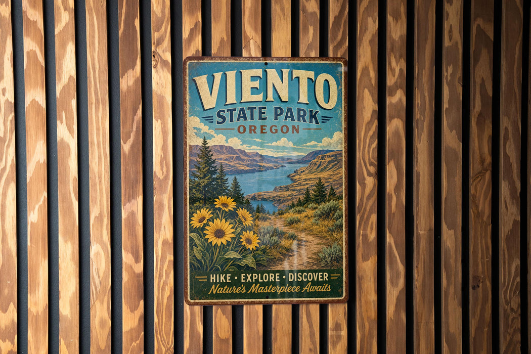 A vintage metal sign for Viento State Park in Oregon, featuring a scenic landscape with mountains, trees, and a lake.