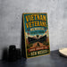 a vintage-style sign for the Vietnam Veterans Memorial in New Mexico, with a focus on honoring and remembering the fallen soldiers.