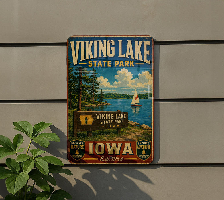 A vintage-style metal sign for Viking Lake State Park in Iowa, featuring a scenic landscape with a lake, trees, and a sailboat.