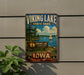 A vintage-style metal sign for Viking Lake State Park in Iowa, featuring a scenic landscape with a lake, trees, and a sailboat.