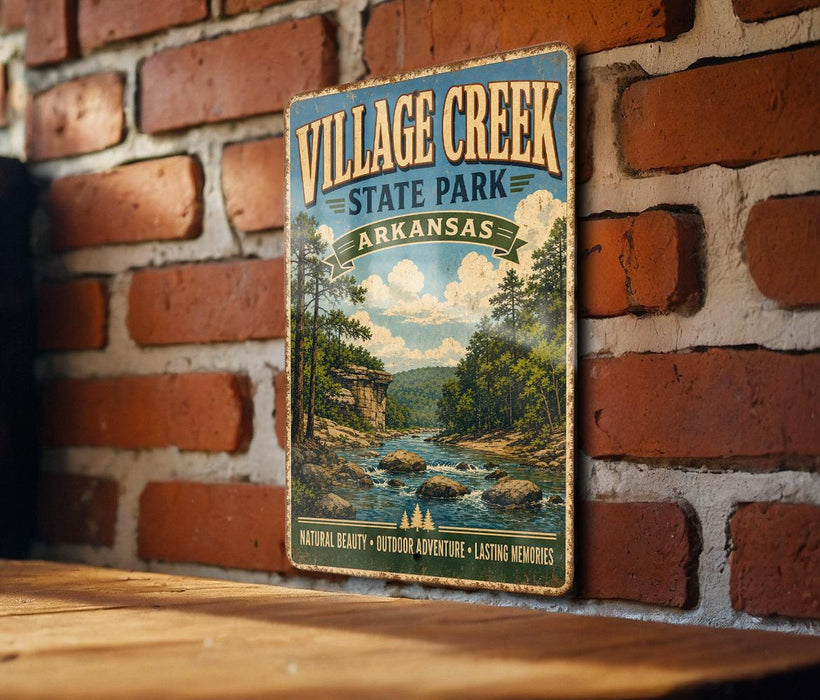A vintage-style metal sign for " Village Creek State Park" in Arkansas, featuring a scenic landscape with a river and trees.