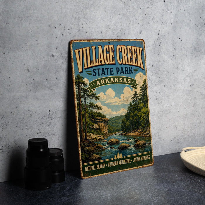a vintage-style sign for "Village Creek State Park, Arkansas" with a scenic illustration of a river and forest.