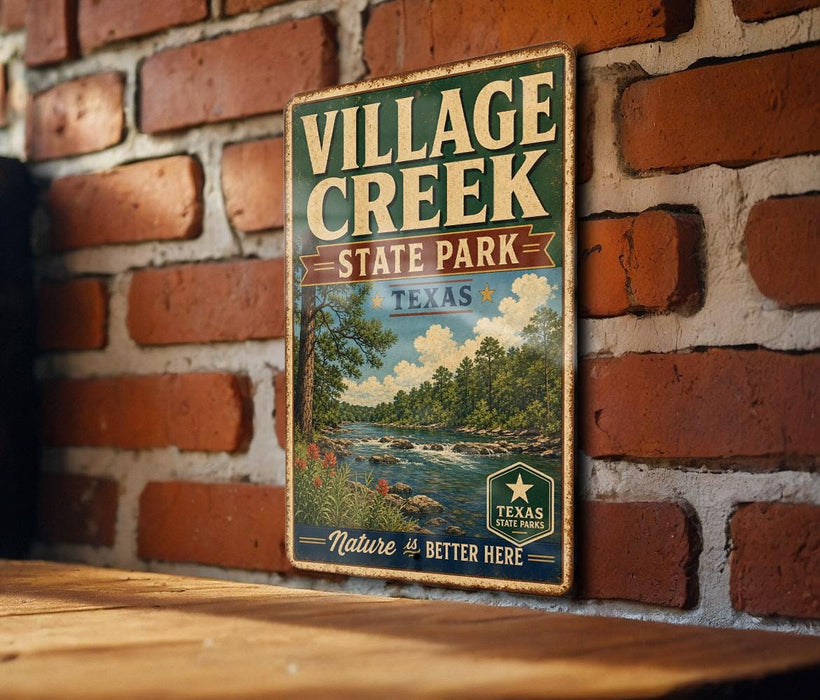 A vintage-style metal sign for "VILLAGE CREEK STATE PARK" in Texas, featuring a scenic landscape with a river and trees.