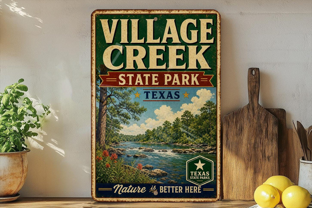 a vintage-style sign for " Village Creek State Park" in Texas, with a scenic illustration of a river, trees, and a cloudy sky. The sign is displayed on a wooden shelf, surrounded by various kitchen utensils and a potted plant.