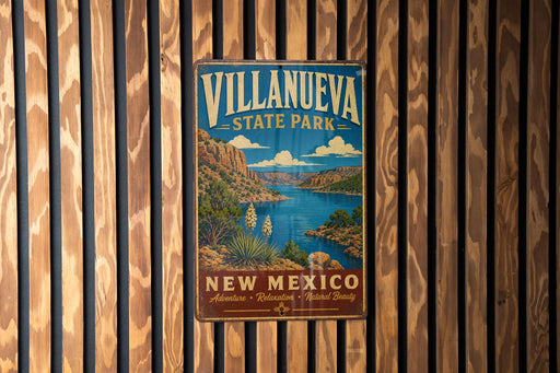 A vintage metal sign for Villanueva State Park in New Mexico, featuring a scenic landscape with mountains, a lake, and desert vegetation.