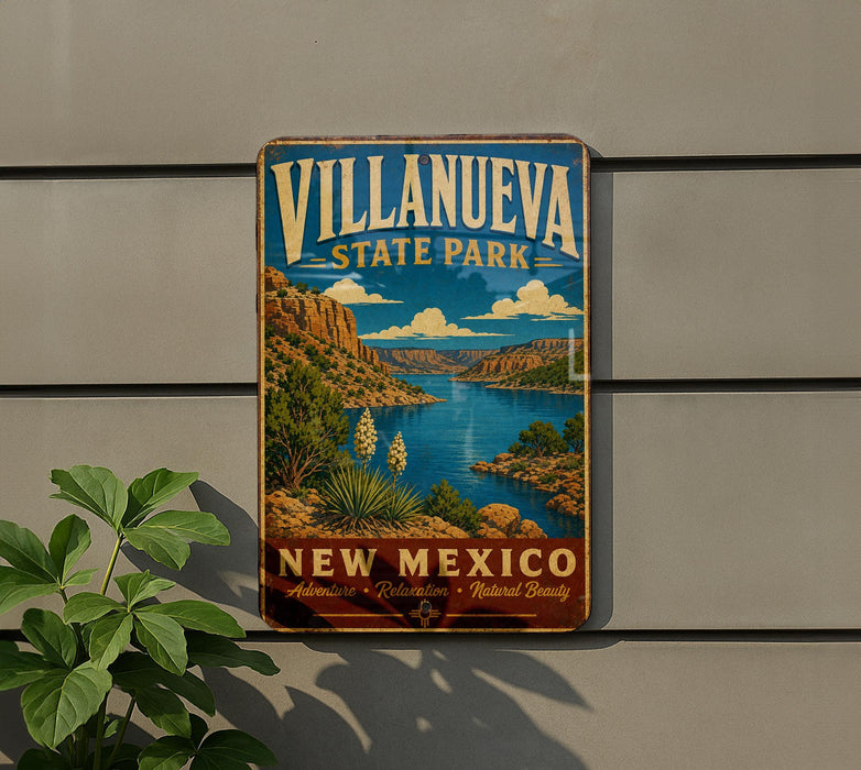 A vintage-style sign for Villanueva State Park in New Mexico, featuring a scenic landscape with mountains, a lake, and desert vegetation.