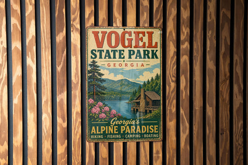 A vintage metal sign for Vogel State Park in Georgia, featuring a scenic illustration of a mountain landscape with a cabin and flowers.