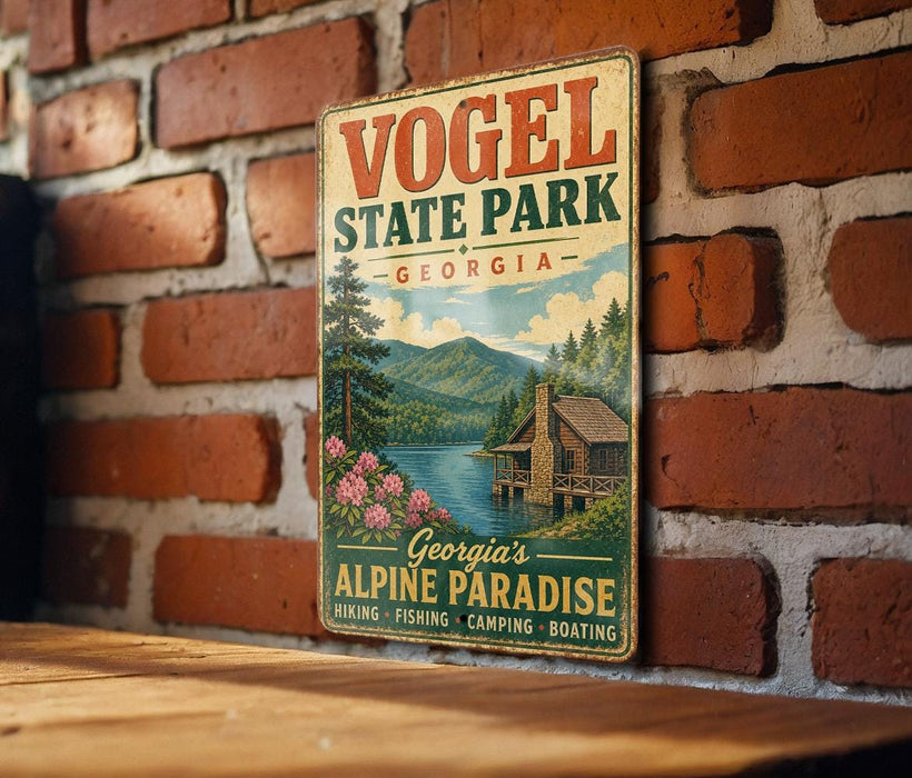 A vintage metal sign for Vogel State Park in Georgia, featuring a scenic illustration of a cabin surrounded by nature.