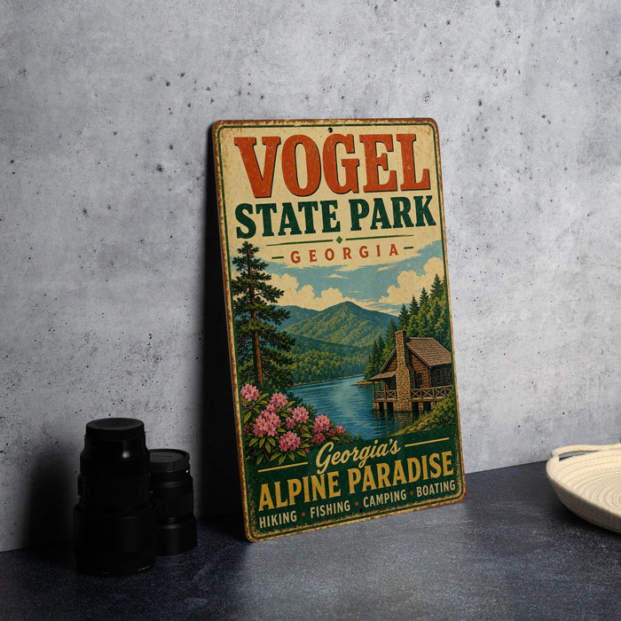 A vintage-style metal sign for Vogel State Park in Georgia, featuring a scenic landscape with a cabin and mountains in the background.