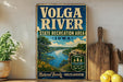 A vintage-style sign for the Volga River State Recreation Area in Iowa, featuring a scenic landscape with a river, trees, and mountains.