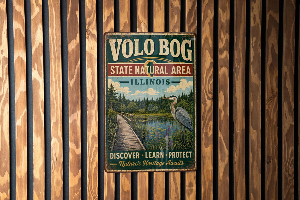 A vintage metal sign for Volo Bog State Natural Area in Illinois, featuring a scenic illustration of a wooden boardwalk leading to a pond with a heron.