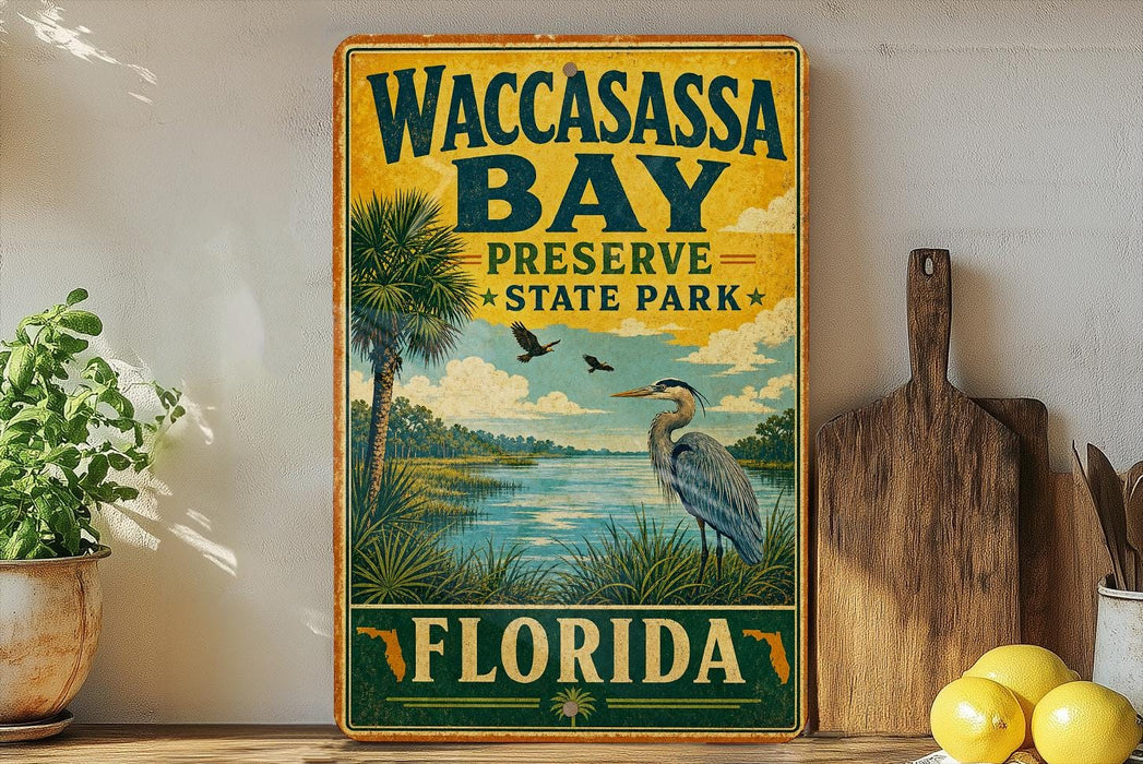 A vintage-style metal sign for Waccasass Bay Preserve, Florida, featuring a bird and palm trees, is displayed on a shelf next to a wooden cutting board and some lemons.