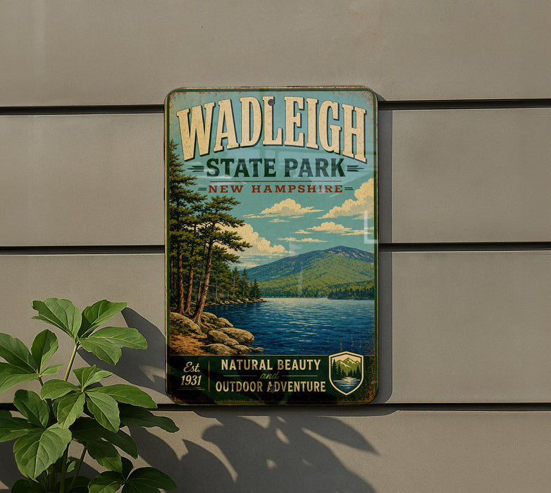 A vintage-style metal sign for Wadleigh State Park in New Hampshire, featuring a scenic landscape with pine trees, a lake, and mountains.