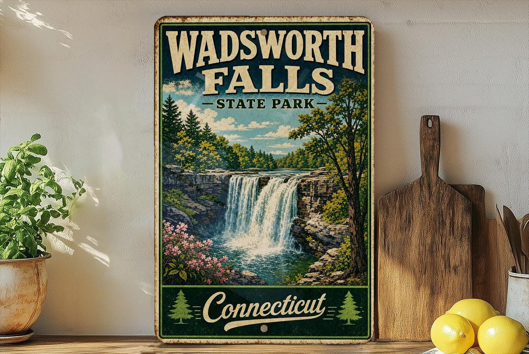 A vintage-style metal sign for Wadsworth Falls State Park in Connecticut, featuring a scenic illustration of the waterfall surrounded by lush greenery and flowers.