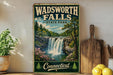 A vintage-style metal sign for Wadsworth Falls State Park in Connecticut, featuring a scenic illustration of the waterfall surrounded by lush greenery and flowers.