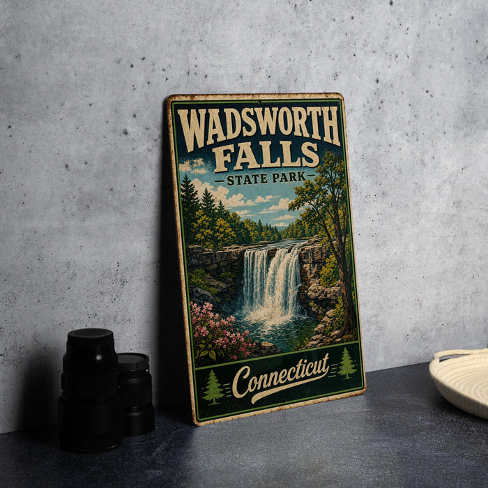 A vintage metal sign for Wadsworth Falls State Park in Connecticut, featuring a scenic illustration of the waterfall surrounded by trees and flowers.