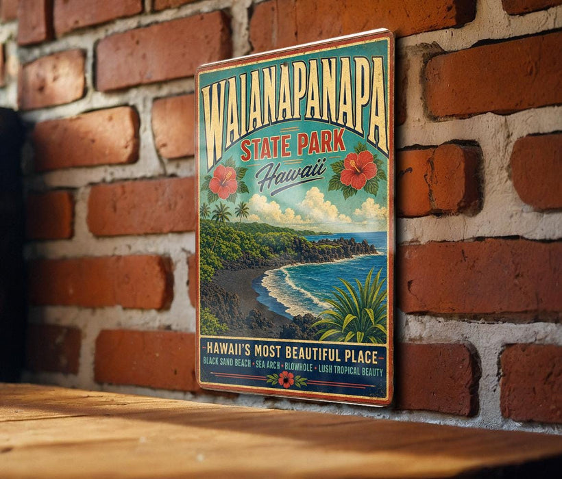 A vintage-style metal sign for Waiianapanapana State Park in Hawaii, featuring a beach scene with palm trees and a hibiscus flower.