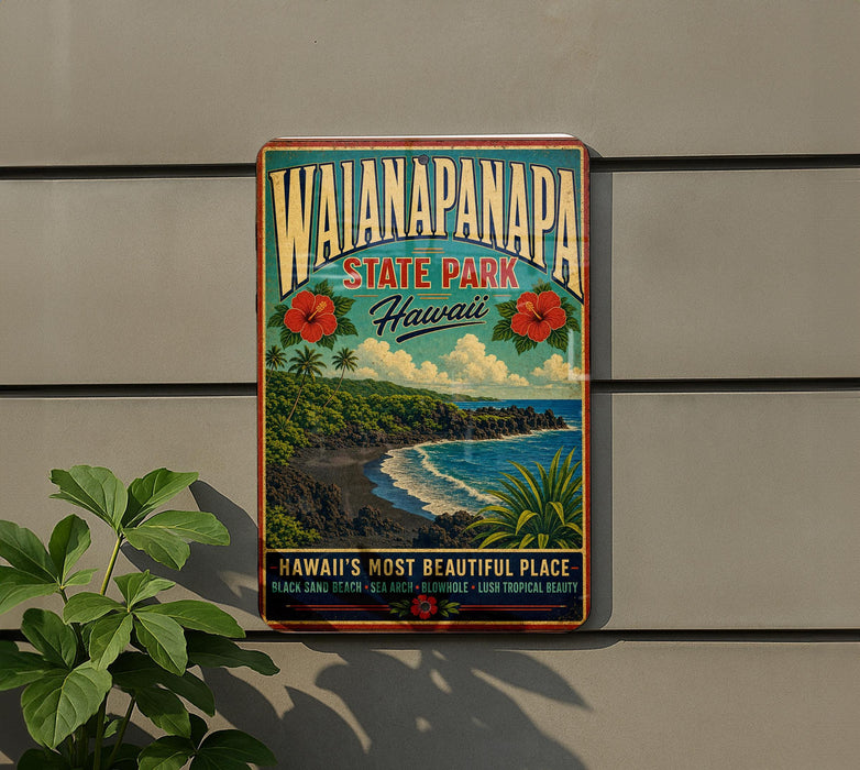 A vintage-style sign for Wianapanapa State Park in Hawaii, featuring a tropical beach scene with hibiscus flowers and palm trees.