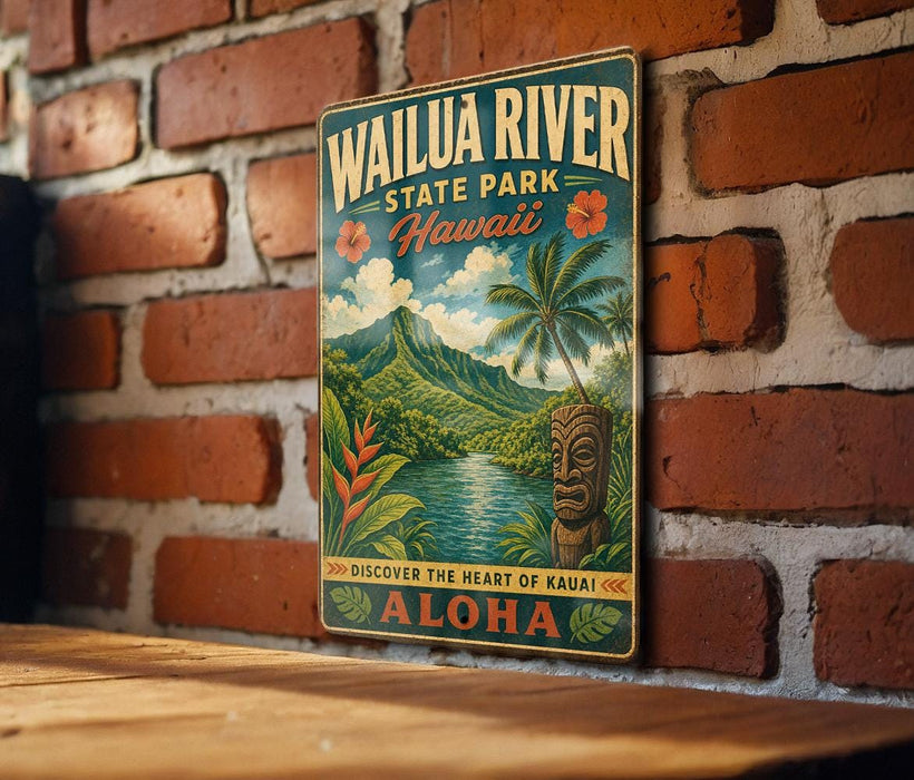 A vintage-style metal sign for Wailua River State Park in Hawaii, featuring a tropical landscape with palm trees, mountains, and a tiki statue.