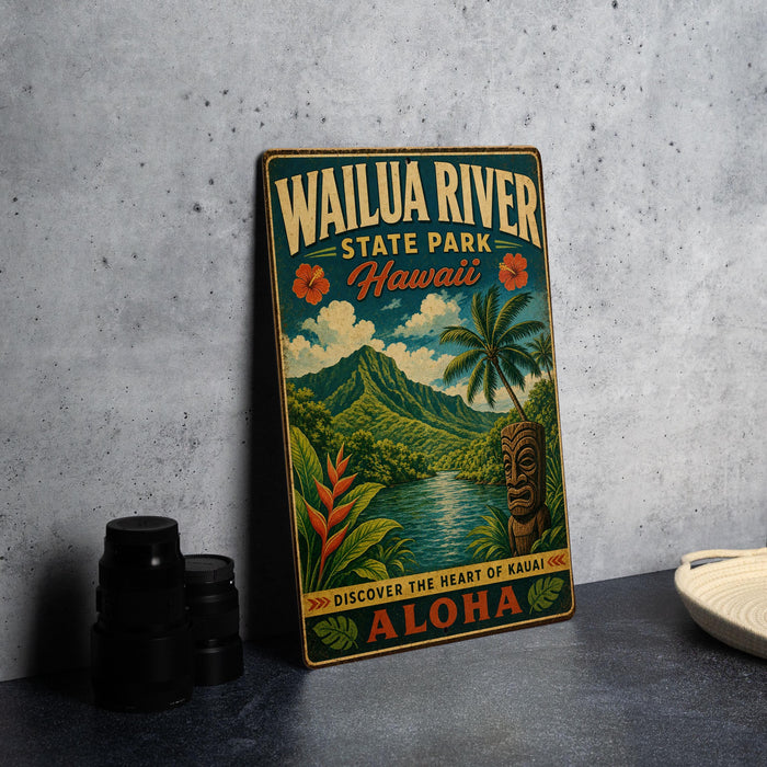 A vintage-style metal sign for Wailua River State Park in Hawaii, featuring a tropical landscape with palm trees, mountains, and a tiki statue.