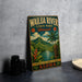 A vintage-style metal sign for Wailua River State Park in Hawaii, featuring a tropical landscape with palm trees, mountains, and a tiki statue.