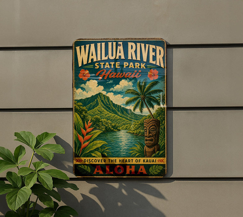 A vintage-style sign for Wailua River State Park in Hawaii, featuring a tropical landscape with palm trees, mountains, and a tiki statue.