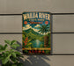 A vintage-style sign for Wailua River State Park in Hawaii, featuring a tropical landscape with palm trees, mountains, and a tiki statue.