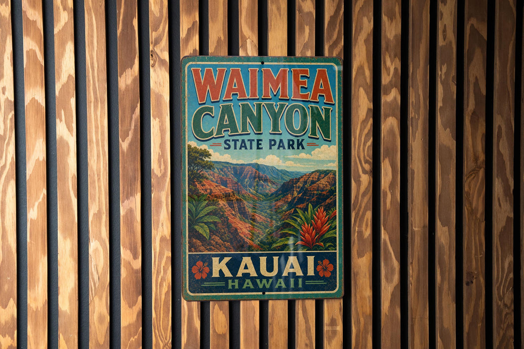 A vintage-style metal sign for Waimea Canyon State Park in Kauai, Hawaii, featuring a scenic mountain landscape and tropical vegetation.