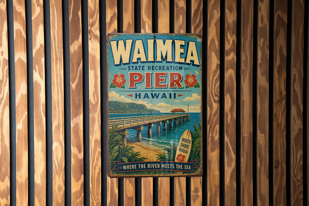 A vintage-style metal sign for Waimea Pier in Hawaii, featuring a wooden pier and a surfboard, is displayed on a wooden wall.
