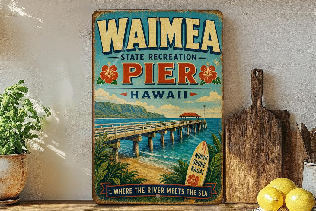 A vintage-style poster of Waimea Pier in Hawaii, featuring a wooden pier, palm trees, and a surfboard, is displayed on a wall next to a wooden cutting board and some lemons.