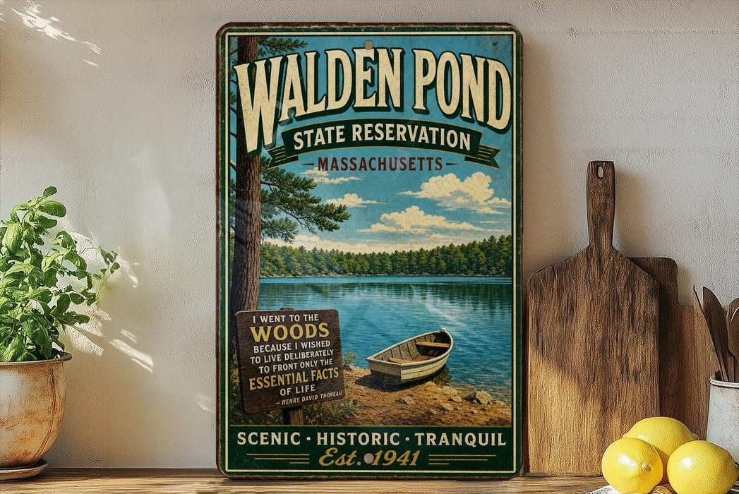 A vintage-style metal sign for Walden Pond, featuring a scenic image of a lake surrounded by woods and a boat, with text promoting the state reserve and its scenic, historic, and tranquil aspects.