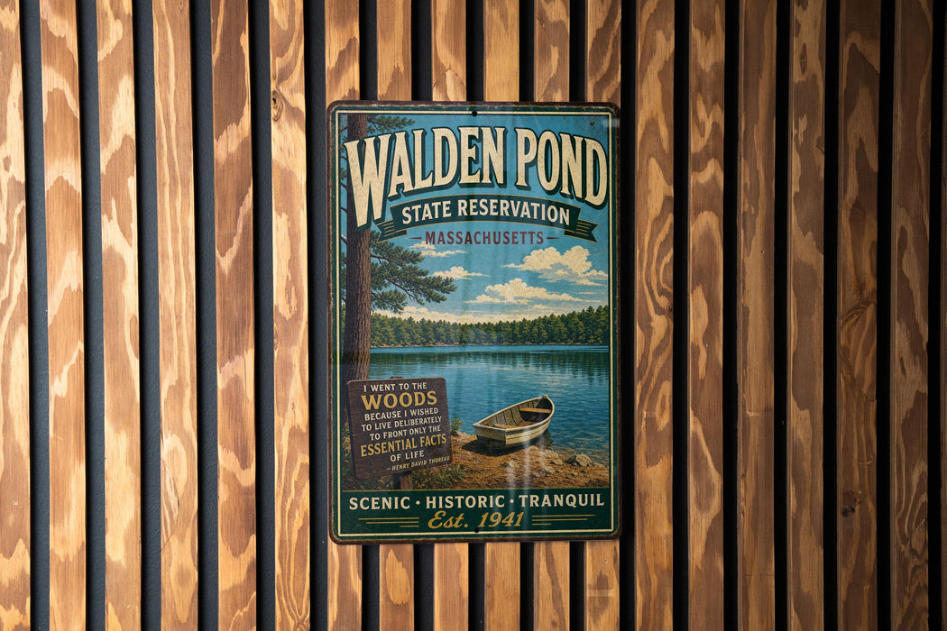 A vintage metal sign for Walden Pond, a state reserve in Massachusetts, featuring a scenic image of a lake with a boat and surrounded by woods.