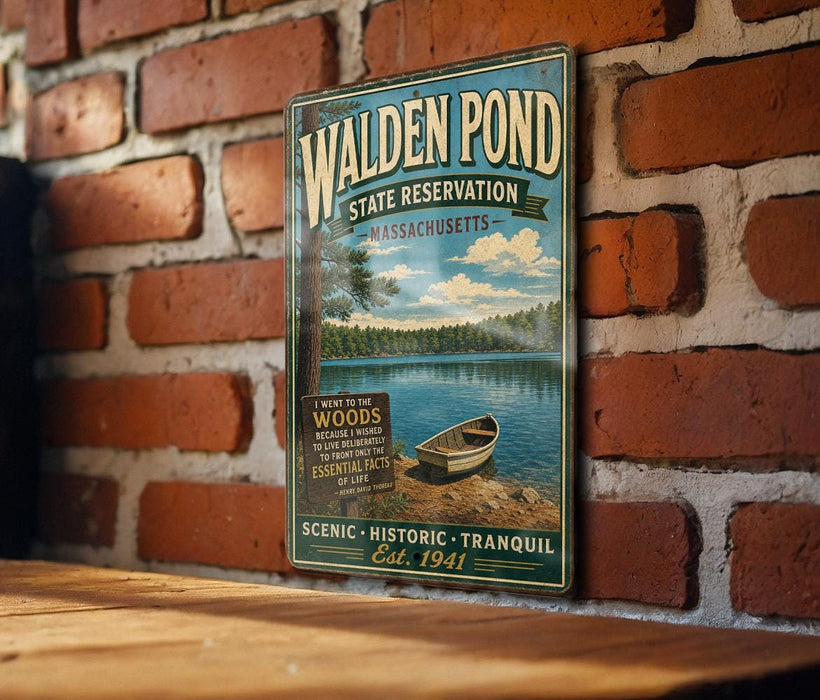 A vintage metal sign for Walden Pond, a state reserve in Massachusetts, featuring a scenic image of a lake with a boat and surrounded by trees.