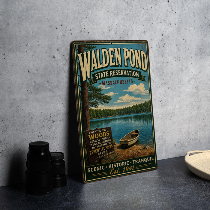 A vintage metal sign for Walden Pond, a state reserve in Massachusetts, featuring a scenic image of the pond and surrounding woods.