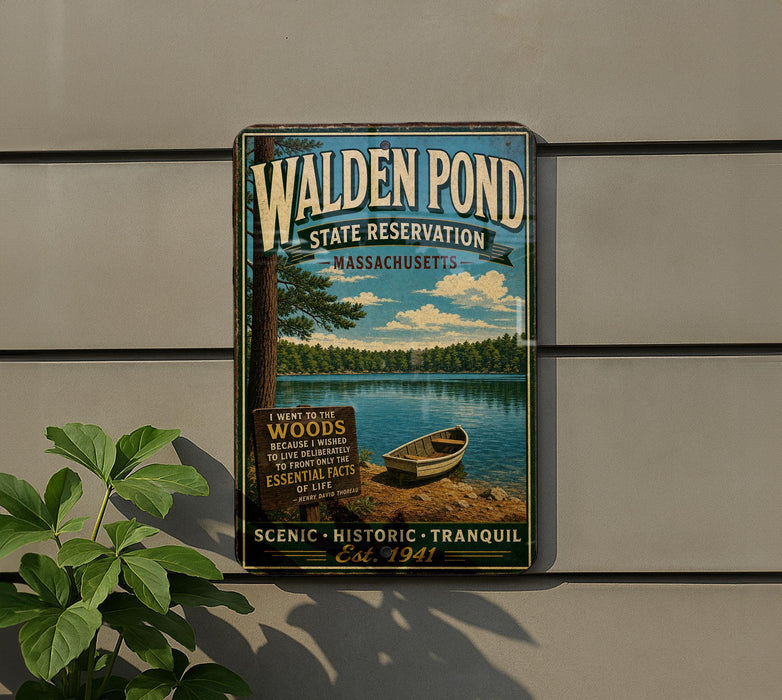 A vintage-style metal sign for Walden Pond, a state reserve in Massachusetts, with a lake and trees in the background.