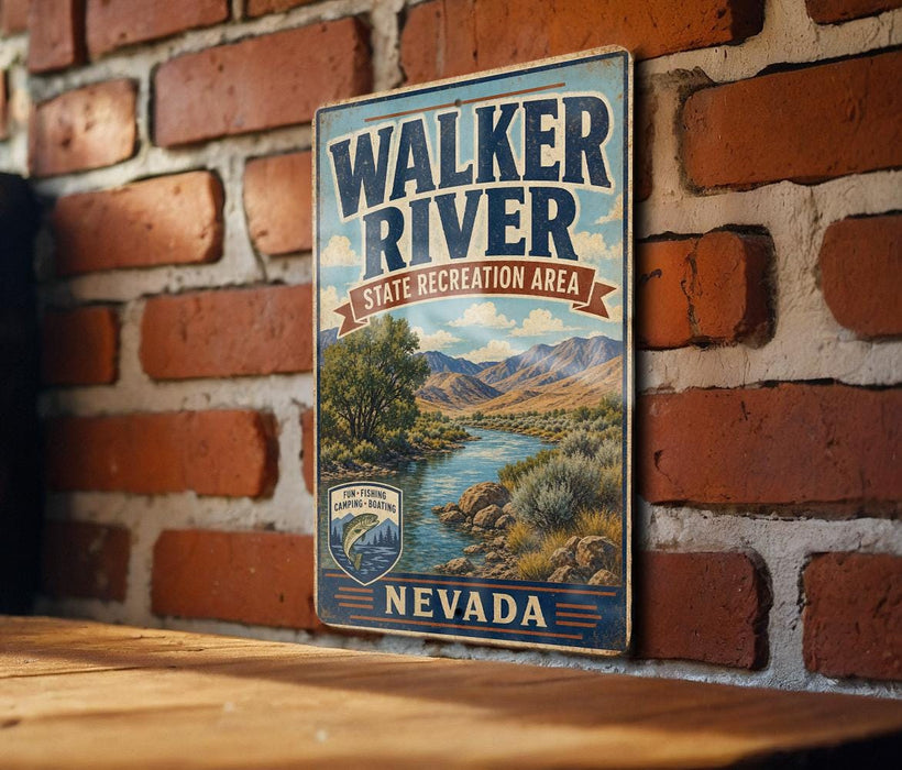 A vintage metal sign for the Walker River State Recreation Area in Nevada, featuring a scenic landscape with mountains, a river, and a forest.