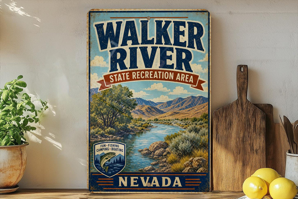 A vintage-style sign for Walker River State Recreation Area in Nevada, featuring a scenic illustration of the river surrounded by mountains and lush vegetation.